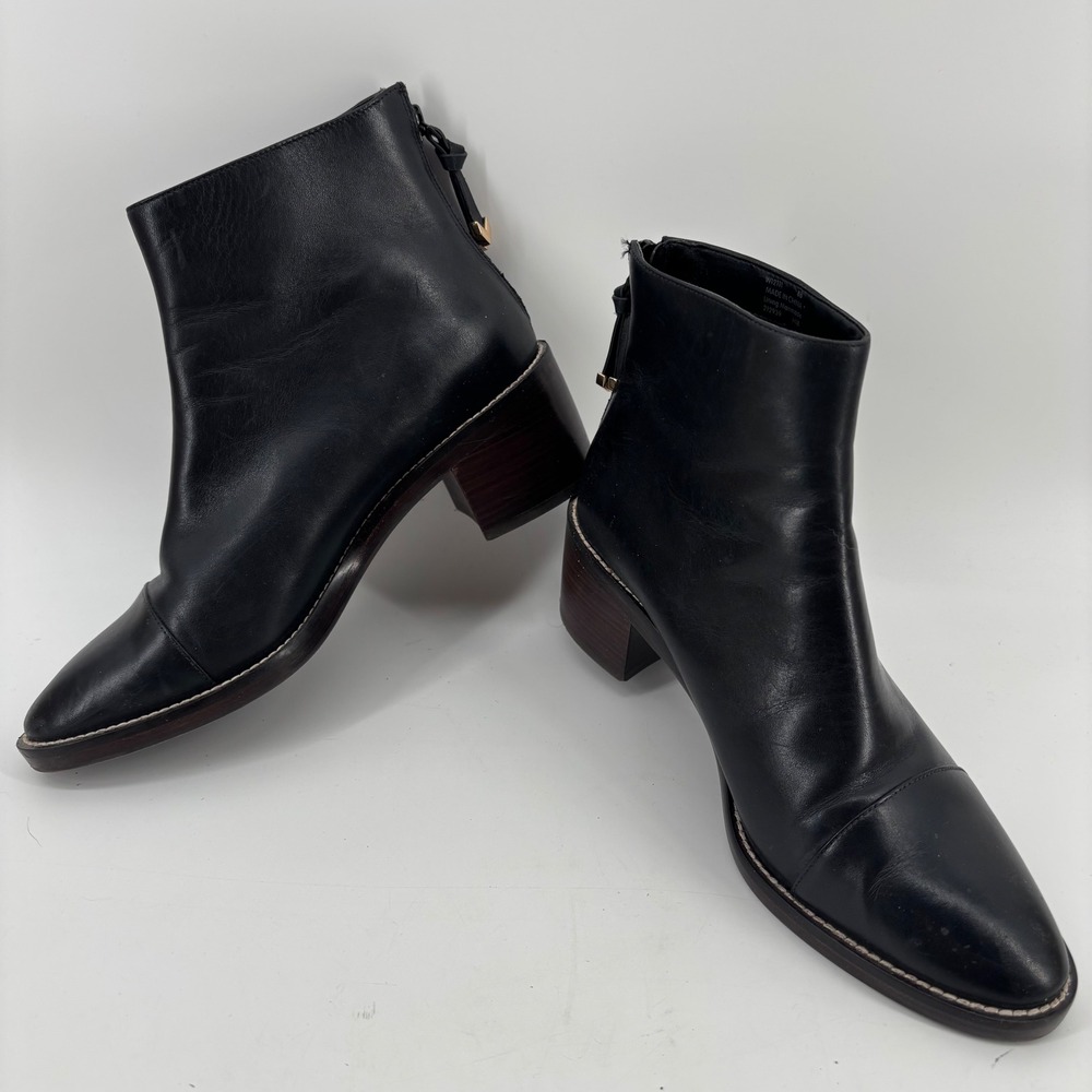 Cole Haan Ankle Boots Women 8B Black Leather Block Heel Back Zip W12111